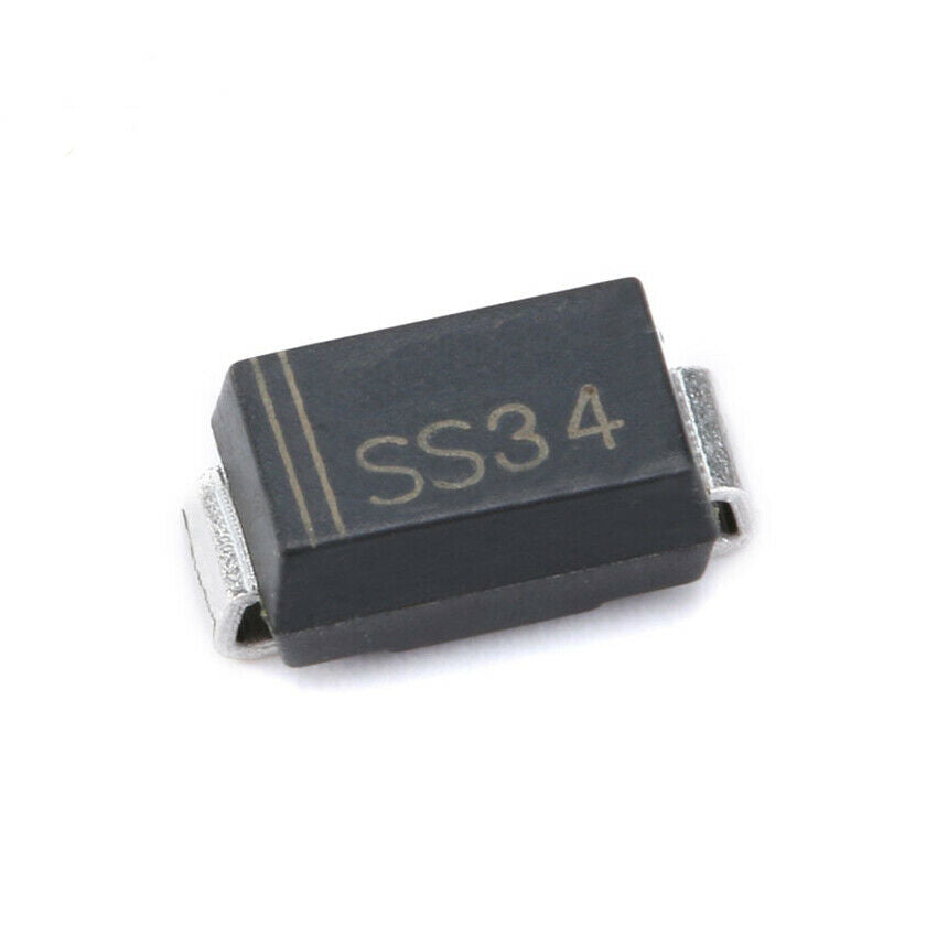 SS34 SMA 40V/3A Schottky Diode SMD - a small black rectangular SMD electronic component with silver metal terminals on each end and the text SS34 printed on top.
