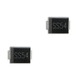 SS54 SMD 40V 5A Schottky Diode SMD Package-DO-214AC - two black rectangular SMD components with metallic leads on the sides and the text SS54 printed on the top surface.