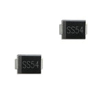 SS54 SMD 40V 5A Schottky Diode SMD Package-DO-214AC - two black rectangular SMD components with metallic leads on the sides and the text SS54 printed on the top surface.