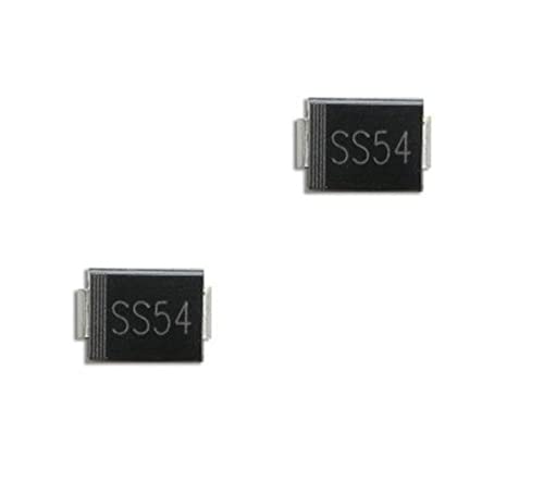 SS54 SMD 40V 5A Schottky Diode SMD Package-DO-214AC - two black rectangular SMD components with metallic leads on the sides and the text SS54 printed on the top surface.