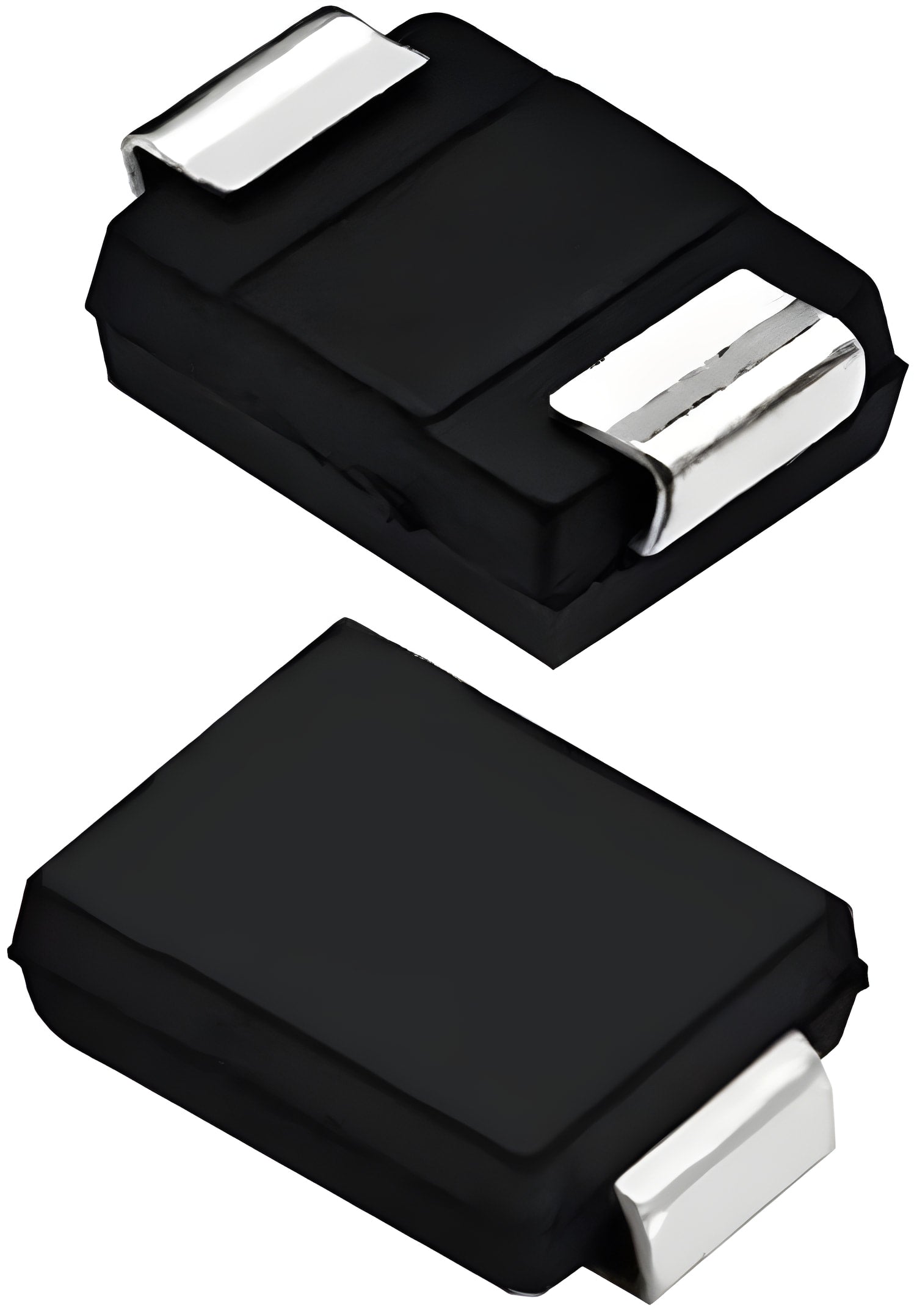 SS56 SMD 5A 60V DO-214AA Schottky Diode - two black surface-mount components with silver metal terminals shown from top and side angles on a white background.