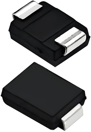 SS56 SMD 5A 60V DO-214AA Schottky Diode - two black surface-mount components with silver metal terminals shown from top and side angles on a white background.