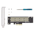 SSD M.2 NVMe to PCIe PCI-E 4.0 x4 x8 x16 high-speed expansion adapter card - shown with a black circuit board, metal bracket, small screws, and a screwdriver on a white background.