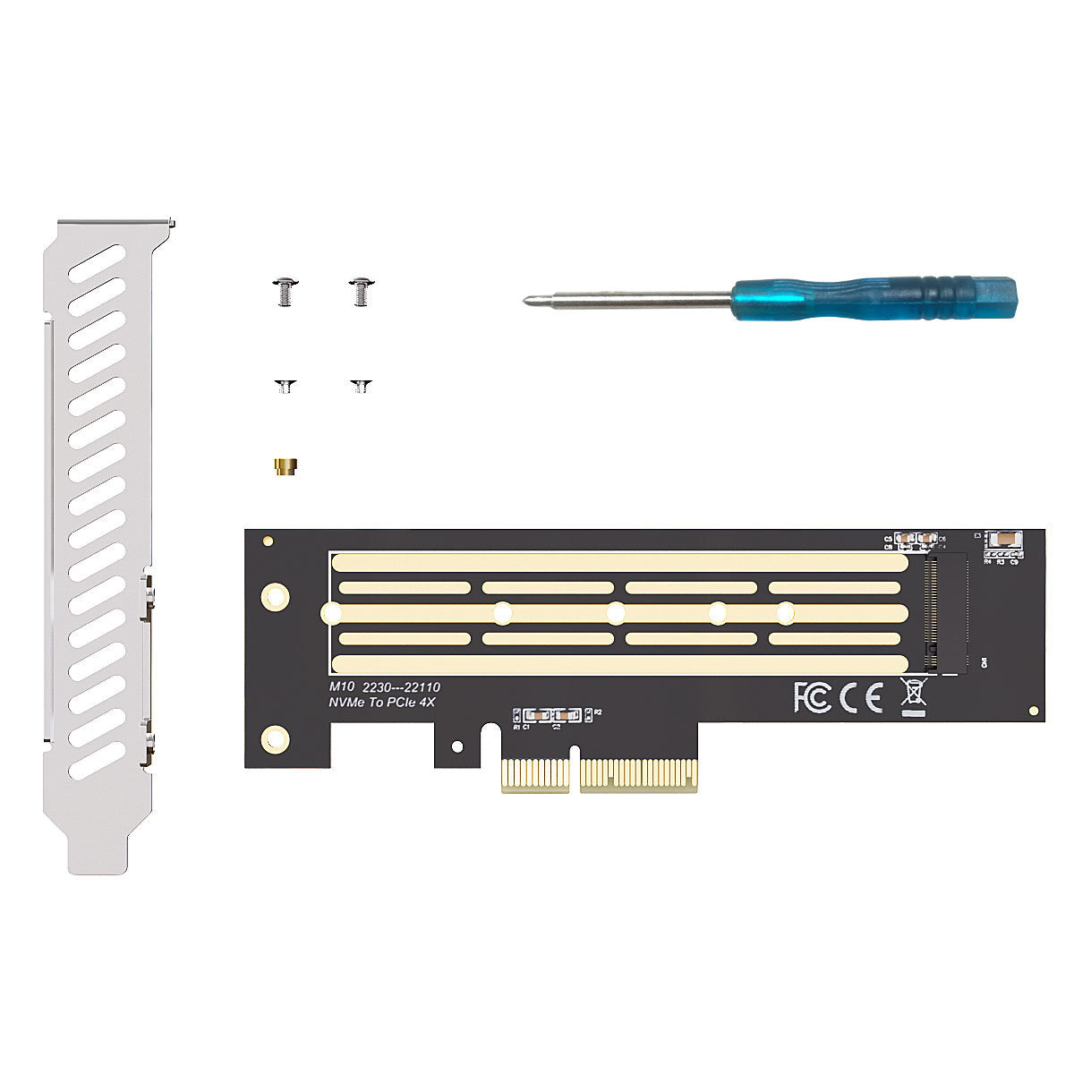 SSD M.2 NVMe to PCIe PCI-E 4.0 x4 x8 x16 high-speed expansion adapter card - shown with a black circuit board, metal bracket, small screws, and a screwdriver on a white background.