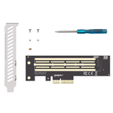 SSD M.2 NVMe to PCIe PCI-E 4.0 x4 x8 x16 high-speed expansion adapter card - shown with a black circuit board, metal bracket, small screws, and a screwdriver on a white background.