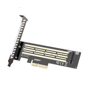 SSD M.2 NVMe to PCIe PCI-E 4.0 x4 x8 x16 high-speed expansion adapter card - a black circuit board, a metal mounting bracket, and a PCIe connector, shown against a white background.