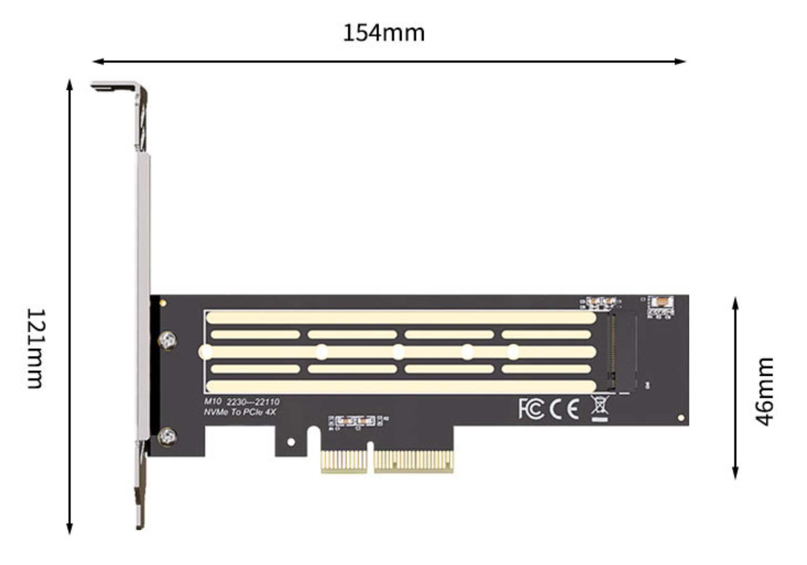 SSD M.2 NVMe to PCIe PCI-E 4.0 x4 x8 x16 high-speed expansion adapter card - shown in a technical diagram with dimensions, featuring a black circuit board and a PCIe connector.