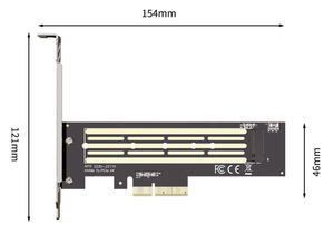 SSD M.2 NVMe to PCIe PCI-E 4.0 x4 x8 x16 high-speed expansion adapter card - shown in a technical diagram with dimensions, featuring a black circuit board and a PCIe connector.