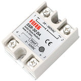 SSR-50DA DC-AC 24-380V Solid State Relay - a white rectangular module with four screw terminals and a top label showing input and output specifications.