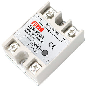 SSR-50DA DC-AC 24-380V Solid State Relay - a white rectangular module with four screw terminals and a top label showing input and output specifications.