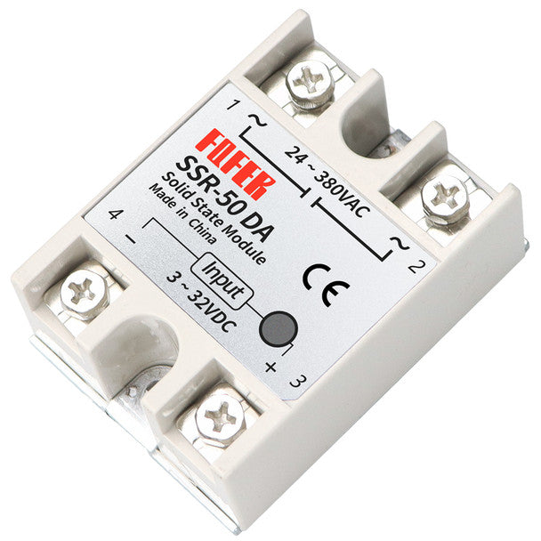 SSR-50DA DC-AC 24-380V Solid State Relay - a white rectangular module with four screw terminals and a top label showing input and output specifications.