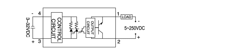 SSR-50DA DC-AC 24-380V Solid State Relay - a control circuit connected to pins 3 and 4 and an output circuit connected to pins 1 and 2.