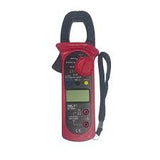 ST-203+ Digital Clamp Multimeter DC/AC Voltage & Current, resistance, frequency, duty cycle, continuity Tester. - a top clamp, a central rotary dial, a blank digital display, two bottom ports, and a black wrist strap.