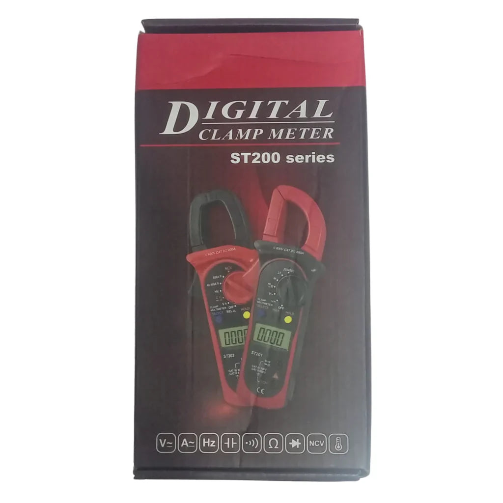 ST-203+ Digital Clamp Multimeter DC/AC Voltage & Current, resistance, frequency, duty cycle, continuity Tester. - ST200 series Digital Clamp Meter packaging box showing two red and black clamp multimeters with displays, rotary dials, and function icons printed below.