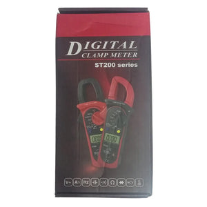 ST-203+ Digital Clamp Multimeter DC/AC Voltage & Current, resistance, frequency, duty cycle, continuity Tester. - ST200 series Digital Clamp Meter packaging box showing two red and black clamp multimeters with displays, rotary dials, and function icons printed below.