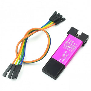 St-link V2 St Link V2 Stlink V2 Programmer - a pink metallic casing with printed pin labels and a set of four multicolored jumper wires with black connectors.