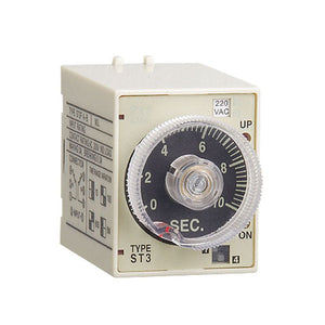(st3p A-b) Analogue Timer/time Delay Relay - a beige rectangular device featuring a large circular dial marked 0 to 10 seconds, a 220 VAC label, and a small side display.