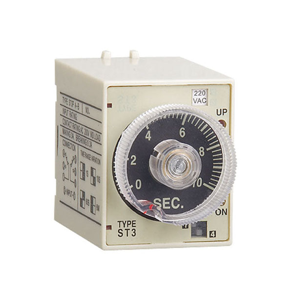 (st3p A-b) Analogue Timer/time Delay Relay - a beige rectangular device featuring a large circular dial marked 0 to 10 seconds, a 220 VAC label, and a small side display.
