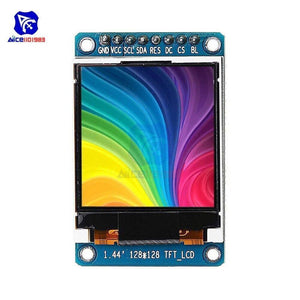ST7735S 1.44 Inch 128x128 SPI TFT Color Screen LCD Display - a vibrant multi-coloured wave pattern on a blue circuit board with eight pin headers.