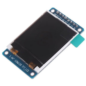 ST7735S 1.44 Inch 128x128 SPI TFT Color Screen LCD Display - a rectangular screen on a blue circuit board with pins labeled GND, VCC, SCL, SDA, RES, DC, CS, BL.
