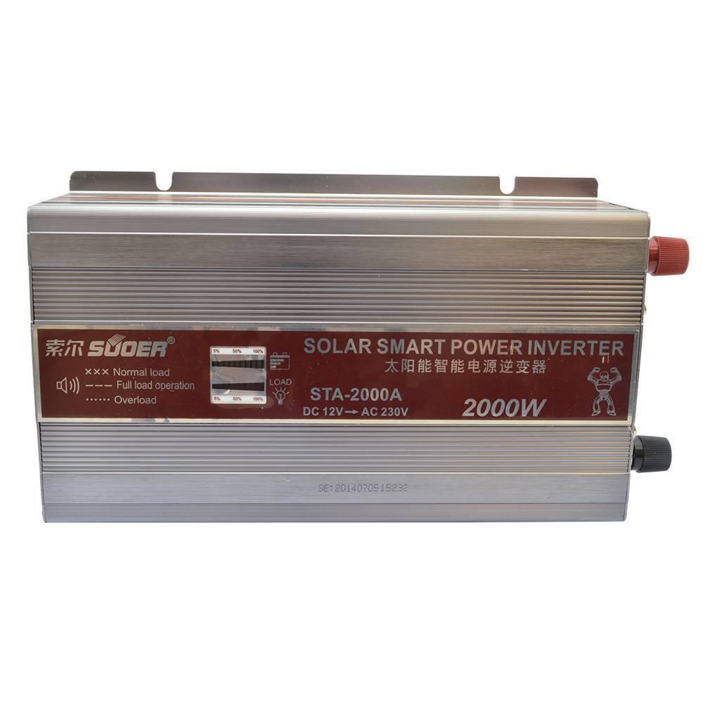 STA-2000A Suoer 2000W 12V 220V Solar Power Inverter - a silver rectangular device with a front panel displaying a load indicator and power specifications.