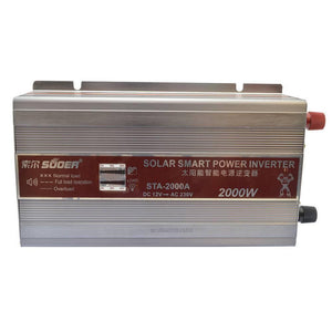 STA-2000A Suoer 2000W 12V 220V Solar Power Inverter - a silver rectangular device with a front panel displaying a load indicator and power specifications.