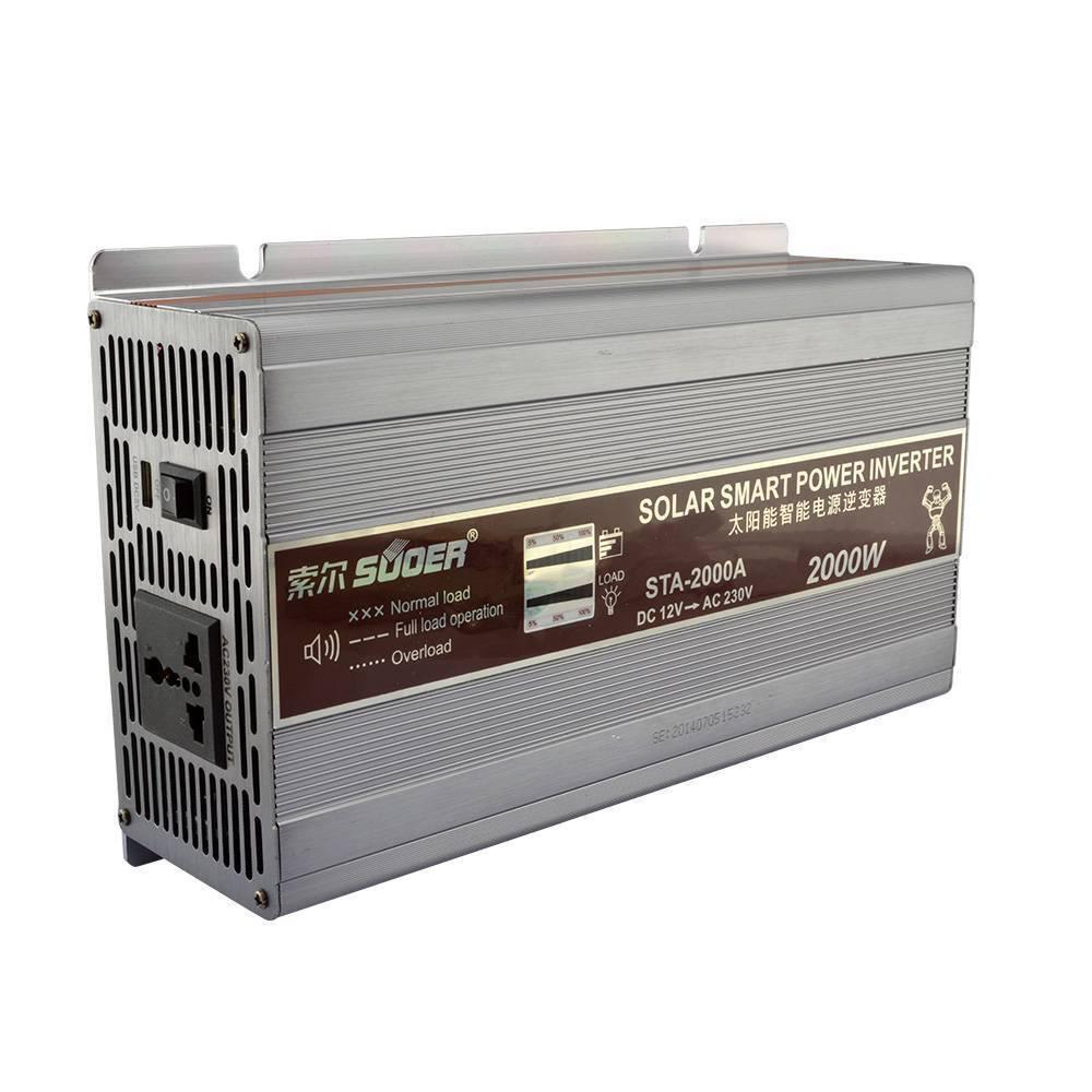 STA-2000A Suoer 2000W 12V 220V Solar Power Inverter - a silver rectangular unit with a front AC outlet, power switch, and a load/battery status display.