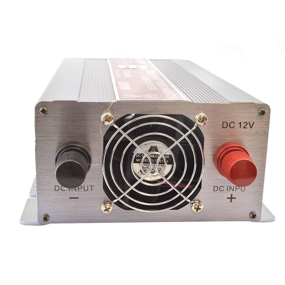 STA-2000A Suoer 2000W 12V 220V Solar Power Inverter - the rear panel with a cooling fan, a black negative DC input terminal, and a red positive terminal.