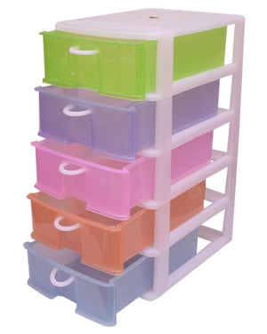 Stackable 5 Drawers Layers Set Shoe Makeup Jewelry Storage Organizer Boxes Plastic Cabinets Racks Delivery in Lahore Only - with five translucent, multi-coloured pull-out drawers stacked vertically.
