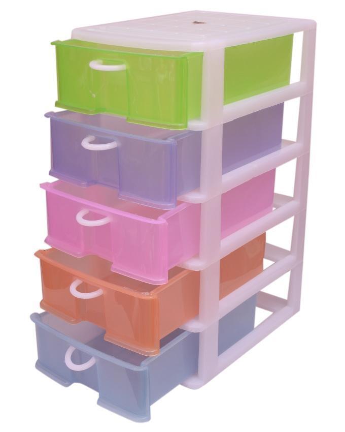 Stackable 5 Drawers Layers Set Shoe Makeup Jewelry Storage Organizer Boxes Plastic Cabinets Racks Delivery in Lahore Only - with five translucent, multi-coloured pull-out drawers stacked vertically.