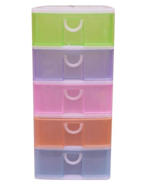 Stackable 5 Drawers Layers Set Shoe Makeup Jewelry Storage Organizer Boxes Plastic Cabinets Racks Delivery in Lahore Only - with five colorful, translucent plastic drawers in green, purple, pink, orange, and blue.