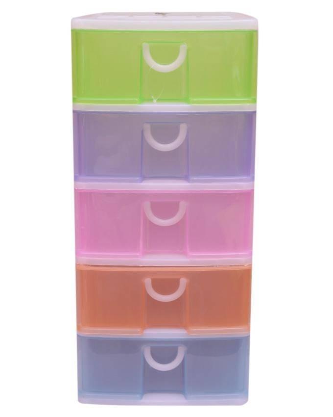 Stackable 5 Drawers Layers Set Shoe Makeup Jewelry Storage Organizer Boxes Plastic Cabinets Racks Delivery in Lahore Only - with five colorful, translucent plastic drawers in green, purple, pink, orange, and blue.