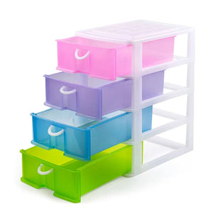 Stackable 5 Drawers Layers Set Shoe Makeup Jewelry Storage Organizer Boxes Plastic Cabinets Racks Delivery in Lahore Only - a white plastic cabinet with four translucent pull-out drawers in pink, purple, blue, and green.