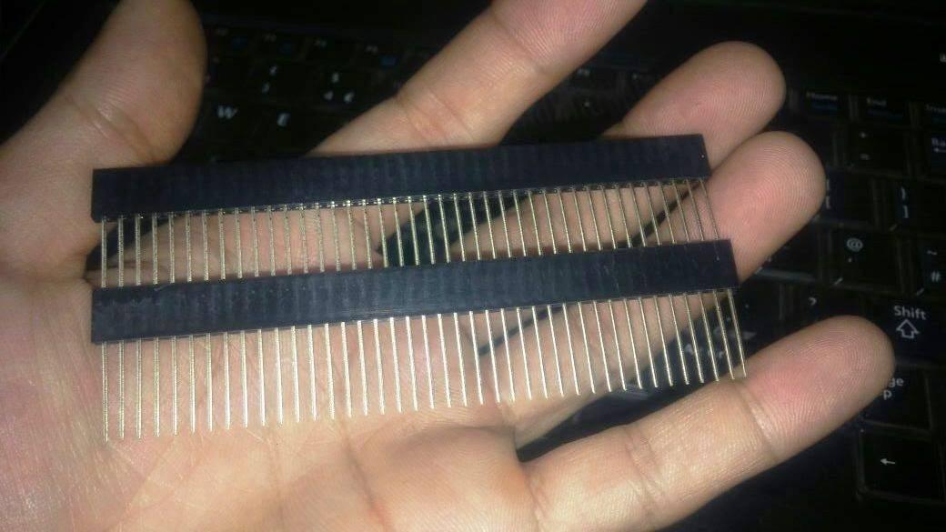 Stackable Arduino Female Header Strip - shown as two parallel rows of long, thin metal pins held together by black plastic strips held in a hand.