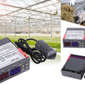 STC-3028 Temperature Control 12V Digital Display Temperature and Humidity Controller Meter with Integrated Sensor - three views of a grey and red digital controller with a sensor probe, displaying 25.5°C and 56.0% RH on screens.