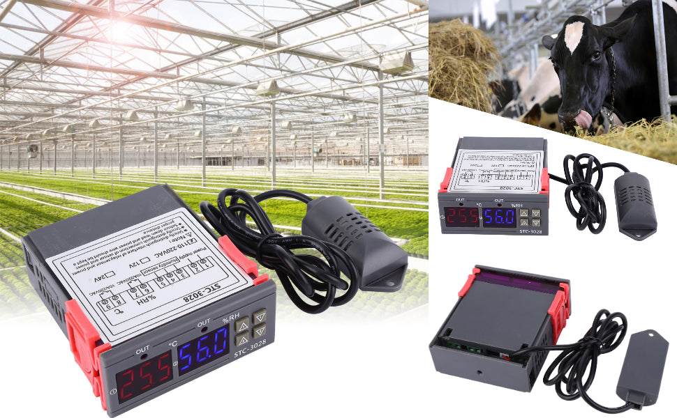 STC-3028 Temperature Control 12V Digital Display Temperature and Humidity Controller Meter with Integrated Sensor - three views of a grey and red digital controller with a sensor probe, displaying 25.5°C and 56.0% RH on screens.