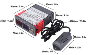 STC-3028 Temperature Control 12V Digital Display Temperature and Humidity Controller Meter with Integrated Sensor - wired sensor, showing dimensions, red side clips, and a digital screen reading 25.5 and 56.0.