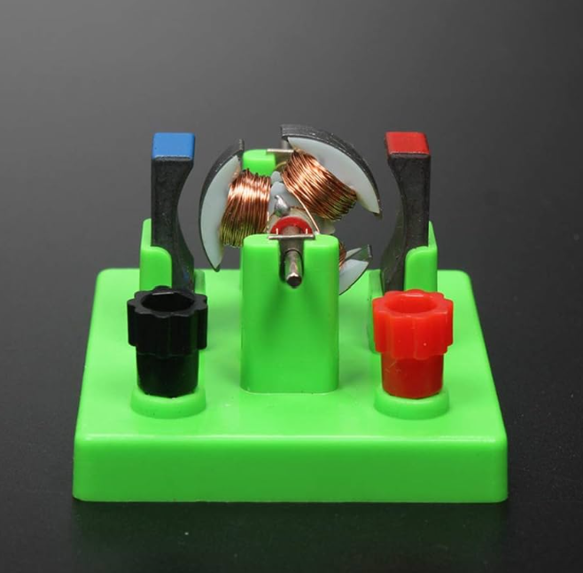 STEM DIY DC Electrical Motor Model - Physics Experiment Learning Toy - a copper-wound rotor between two magnets on a green plastic base with black and red terminal knobs.