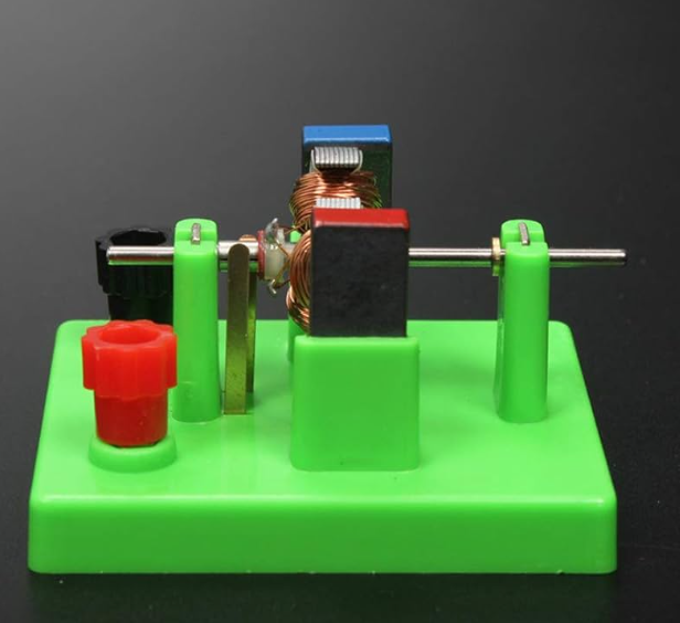 STEM DIY DC Electrical Motor Model - Physics Experiment Learning Toy - a green plastic base with a copper-wound coil, a red and black magnet, and a red terminal connector.