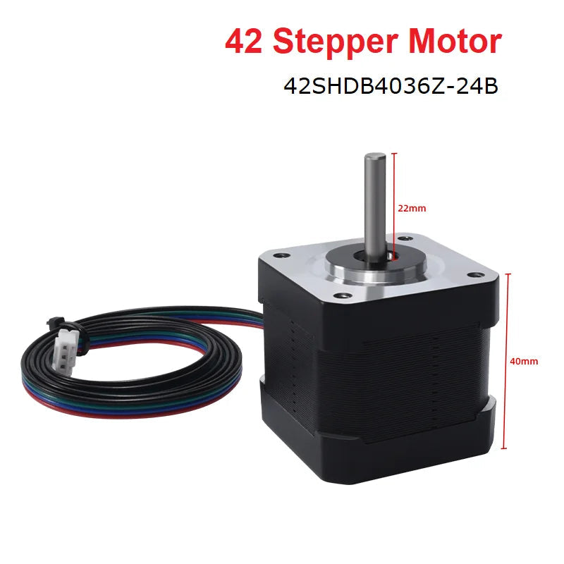 Stepper Motor 42SHDB4036Z-24B 40mm 3D Printer Parts Motor for Extruder 3D Printer VS B1 H2 V2.0 - a black square motor with a silver shaft, a 4-pin white connector, and a multi-colored cable, shown with dimension labels.