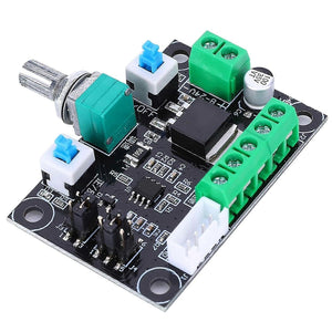 Stepper Motor Driver Signal Generator 8V To 24V - a black circuit board with a potentiometer, two blue push buttons, screw terminals, and a header.