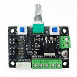 Stepper Motor Driver Signal Generator 8V To 24V - a black circuit board with a green potentiometer, two blue push buttons, screw terminals, and pins.