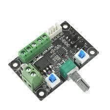 Stepper Motor Driver Signal Generator 8V To 24V - shown as a black circuit board with a green screw terminal, a potentiometer knob, and two blue buttons.
