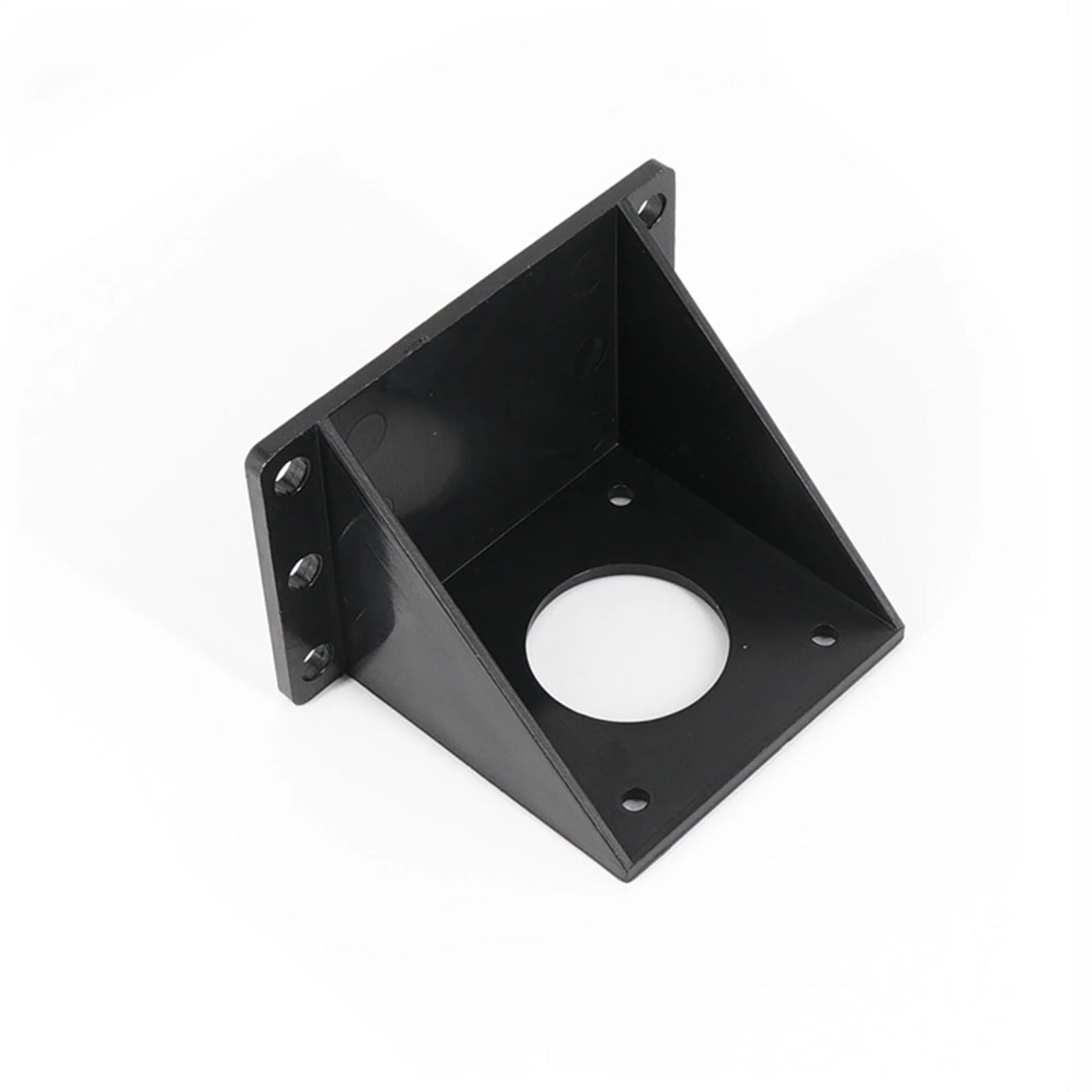 Stepper Motor Mounting Bracket Mount Plate L-shape for 3D Printer - a black L-shaped plastic mounting plate with a large center hole and several smaller screw holes on both sides.