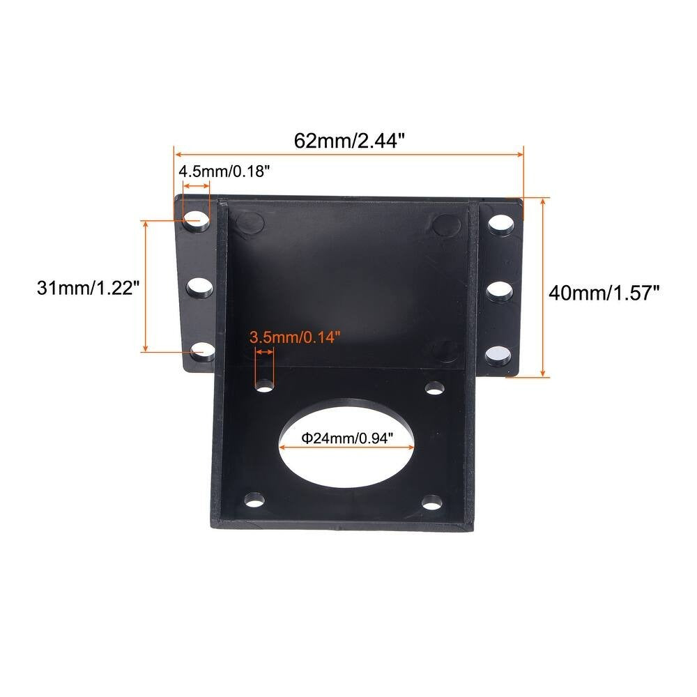 Stepper Motor Mounting Bracket Mount Plate L-shape for 3D Printer - an L-shaped black plastic motor mount shown in a technical dimension diagram with measurements in millimeters and inches.