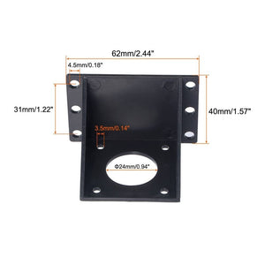 Stepper Motor Mounting Bracket Mount Plate L-shape for 3D Printer - an L-shaped black plastic motor mount shown in a technical dimension diagram with measurements in millimeters and inches.