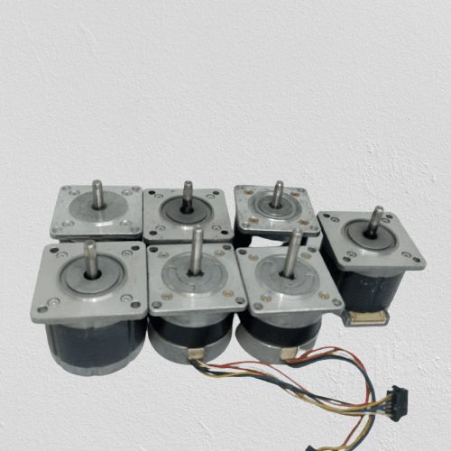 Stepper Motor Round body 4 wire bipolar stepper motor - a group of seven silver and black stepper motors with shafts and attached wire connectors.