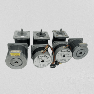 Stepper Motor Round body 4 wire bipolar stepper motor - a group of six grey cylindrical stepper motors with shafts, labels, and some attached wiring connectors.