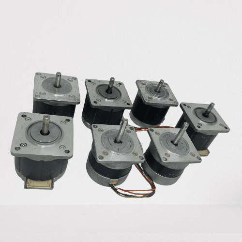 Stepper Motor Round body 4 wire bipolar stepper motor - a group of six silver and black motors with shafts and attached wiring connectors.