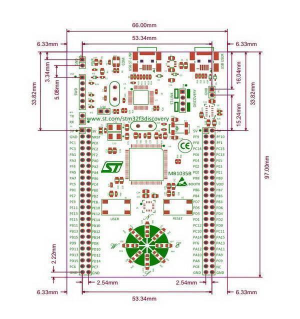 Stm Discovery Kit STM32F3 STM32F303VC With Programming Cable - a technical dimension diagram of the circuit board with labels for ports, pins, and components in green and red lines.